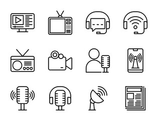 Broadcasting icon set, vector, in line style, for streaming, entertainment, video, business, content creator, creative, etc.