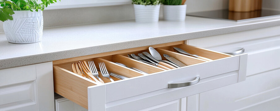 Organized kitchen drawer with utensils, cutlery, and serving tools, showcasing clean and modern design. wooden divider adds touch of elegance to kitchen space