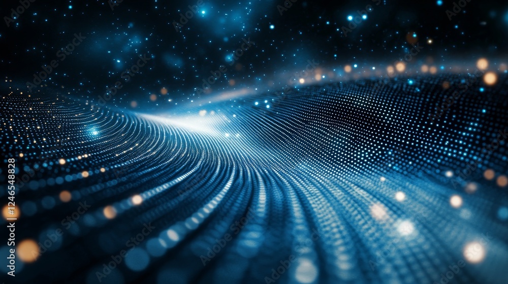 Poster abstract vector representation of a glowing cyan pulse wave on a navy grid with smooth lines