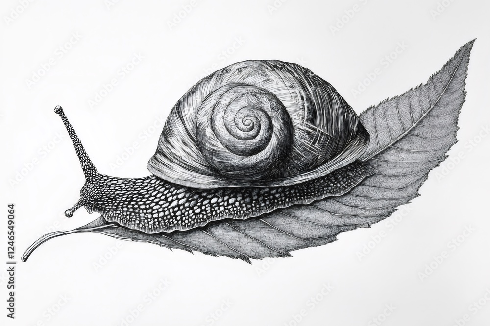 Aufkleber detailed ink drawing of a snail slowly moving across a textured leaf, showcasing the intricate patte
