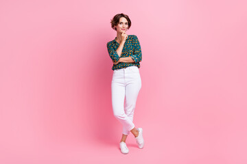 Full body length photo of brown hair top manager woman in casual outfit touching chin deep thinking...