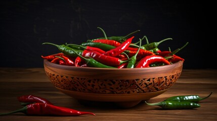 Fresh Vibrant Chilli Peppers in Wooden Bowl - Culinary Ingredient Photography