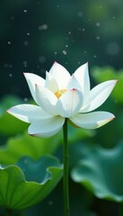 Fototapeta premium Delicate white lotus flower with intricate leaf on snowy background, nature, elegant