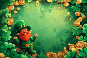 A fairytale leprechaun with a red beard in a green suit stands next to an empty green spot in the center. Around it there is a scattering of gold coins and green clovers.