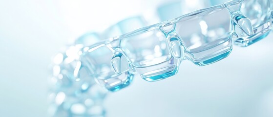 A close-up of a clear orthodontic aligner, highlighting its transparent design and intricate details, ideal for teeth alignment and cosmetic dental treatment.