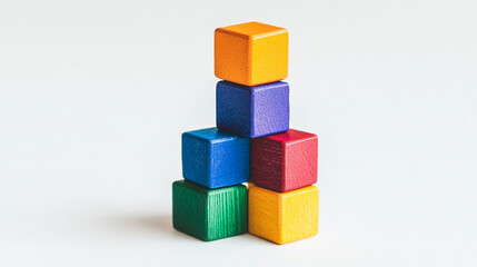 Stacked colorful wooden cubes arranged geometrically, educational toy concept symbolizing learning, problem-solving, and child development