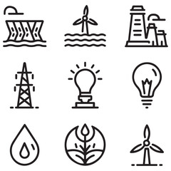 Set of outline icons related to hydropower. Linear icon collection. Editable stroke. Vector illustration