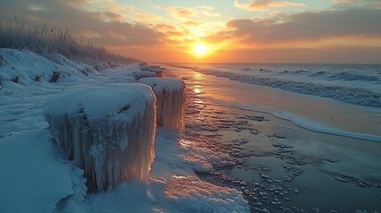 Naklejka premium Icy coastal sunrise, winter seascape, frozen beach, sunlit water, tranquil nature scene, perfect for travel or nature posters