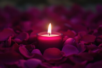 A single glowing candle in the midst of a bed of fresh red rose petals, set against a softly blurred background for a peaceful aesthetic.