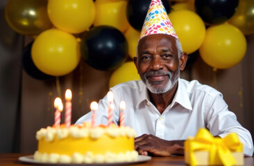 An elderly happy man celebrates his birthday.
