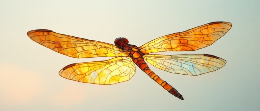 A stained-glass dragonfly spreads its colorful wings against a soft backdrop, evoking a blend of art and nature's elegance. - Powered by Adobe