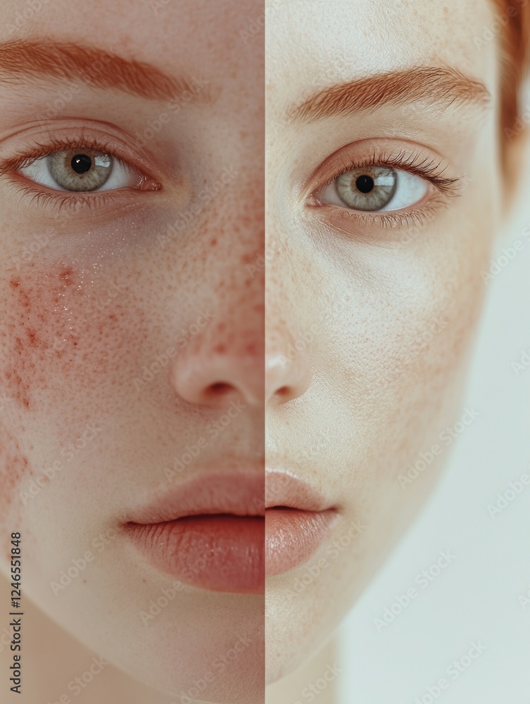 Poster comparing skin conditions showing acne and redness on one half and smooth, glowing skin on the other