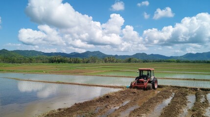 A tractor plowing a rice field under a blue sky with clouds and mountains in the background.