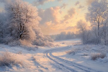 Fototapeta premium Serene Winter Landscape with Snow-Covered Trees and Winding Path at Sunset in a Tranquil Countryside Setting