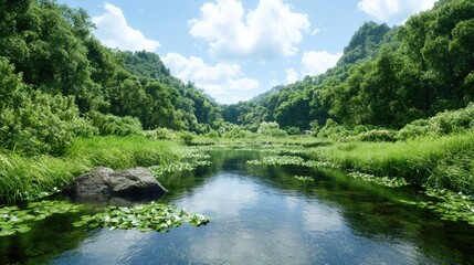 Fototapeta premium Serene river in lush green valley, sunny day