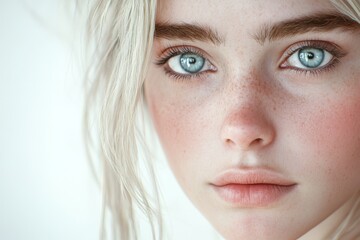 Obraz premium Portrait of a blonde woman, with soft features and captivating gaze. Blue-eyed blonde with radiant beauty and serene expression.