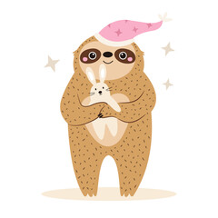 Vector illustration of cute sloth character in a sleeping hat holding toy rabbit