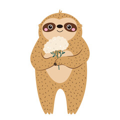 Vector illustration of cute sloth character holding flowers