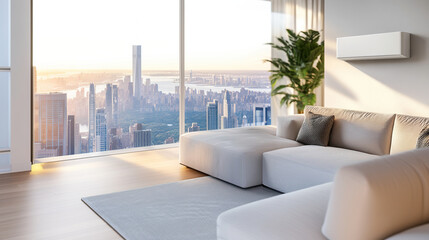 Naklejka premium Modern bright living room with panoramic windows overlooking the city, sofa and wall-mounted air conditioner, air purification and climate control concept