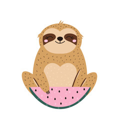 Fototapeta premium Vector illustration of cute sloth character sitting with juicy watermelon slice