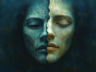 Obraz premium Transforming anxious expressions into a serene and confident persona through surreal self-discovery in a cinematic portrayal of metamorphosis