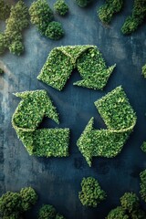 Eco-Friendly Concept with Lush Green Recycling Symbol on Concrete Background Surrounded by Small Trees