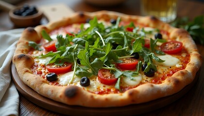 Delicious Pizza with Mozzarella Tomatoes and Arugula