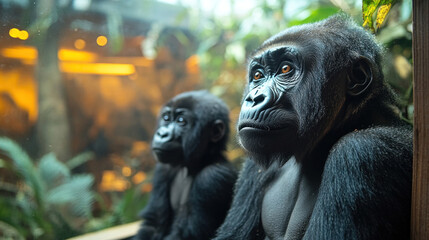 Naklejka premium Gorillas sitting in a shaded jungle, with one baby gorilla curiously exploring its surroundings