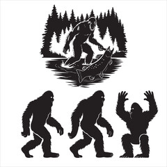 set of black various vector bigfoot silhouette	
