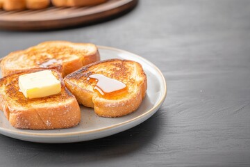 Golden Toast with Butter and Syrup on a Simple Plate
