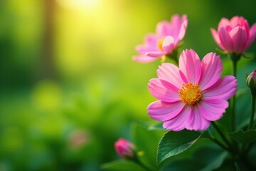 Obraz premium Vibrant blooming flowers, lush green leaves, soft sunlight , creative background, painting