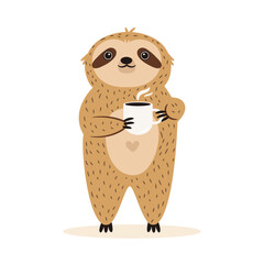 Vector illustration of cute sloth character holding a coffee cup