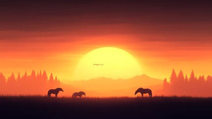 Fototapeta premium Wild Horses Silhouetted Against Vibrant Sunset Landscape