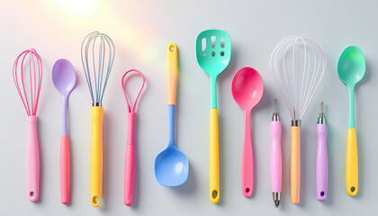 Colorful Kitchen Utensils Flat Lay Pastel Rainbow Cooking Tools