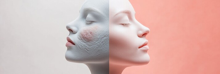Split face comparison reveals stark contrast between acne and smooth skin for a skincare transformation. Generative AI