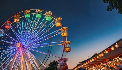 Colorful ferris wheel lights up the summer night sky at the fairground