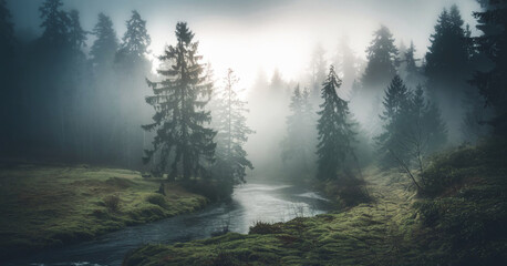 Mystical fog covering a dense forest in the early morning. Tall trees fade into the mist, creating a peaceful and atmospheric scene. The soft light and dreamy haze make this perfect for nature, travel