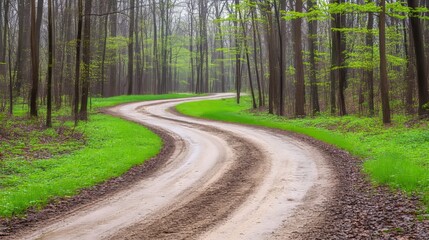 Obraz premium Winding Dirt Road Through Spring Forest Landscape