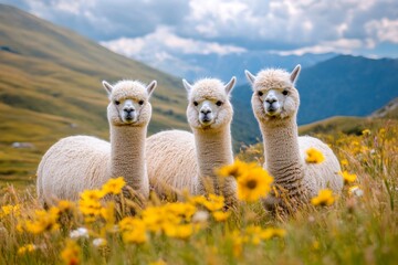 Fototapeta premium A herd of alpacas grazing in a picturesque Andean valley, surrounded by rolling hills