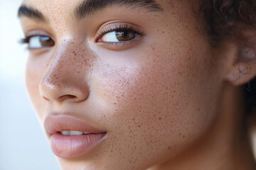 Fototapeta premium Close-up of a young woman face with freckles, natural beauty, and clear blue eyes, highlighting skin details and unique facial features.