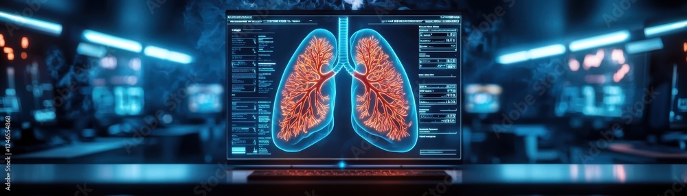 Poster a digital display of human lungs showcasing intricate details and data analytics in a high-tech envi