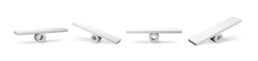 3D Seesaw scales set isolated on white. Render collection of empty weight measuring seesaw scale. Balanced swing scales. Justice, measurement, decision, choice and balance concept. Vector Illustration