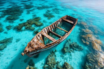 Obraz premium A historic shipwreck visible off the coast of a deserted island, surrounded by coral reefs