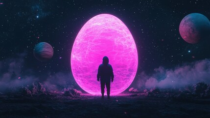 Glowing Neon Easter Background concept. A figure stands before a glowing pink egg in a starry cosmic landscape
