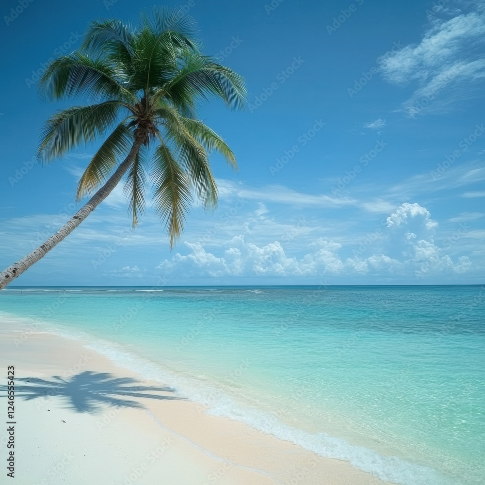 Poster tropical beach setting with coconut palm and turquoise waters for relaxation and serenity. generativ