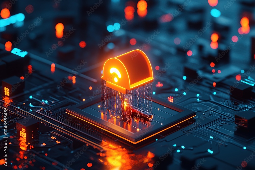 Poster digital lock symbolizing cybersecurity on a circuit board, illuminated with vibrant colors, represen