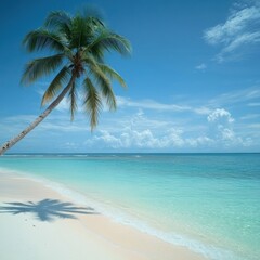 Tropical beach setting with coconut palm and turquoise waters for relaxation and serenity. Generative AI