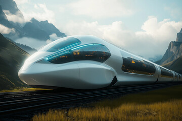 Fototapeta premium Futuristic high-speed train gliding along elevated tracks, showcasing modern transport innovation with sleek aerodynamic design and advanced technology.