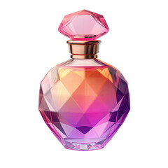 A transparent pink glass bottle of luxury perfume, isolated on white, suggests a beautiful and fragrant aroma