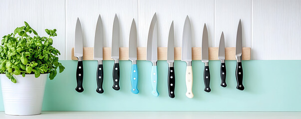 Kitchen knives arranged on magnetic strip with potted herb plant. knives vary in size and color, showcasing modern kitchen aesthetic
